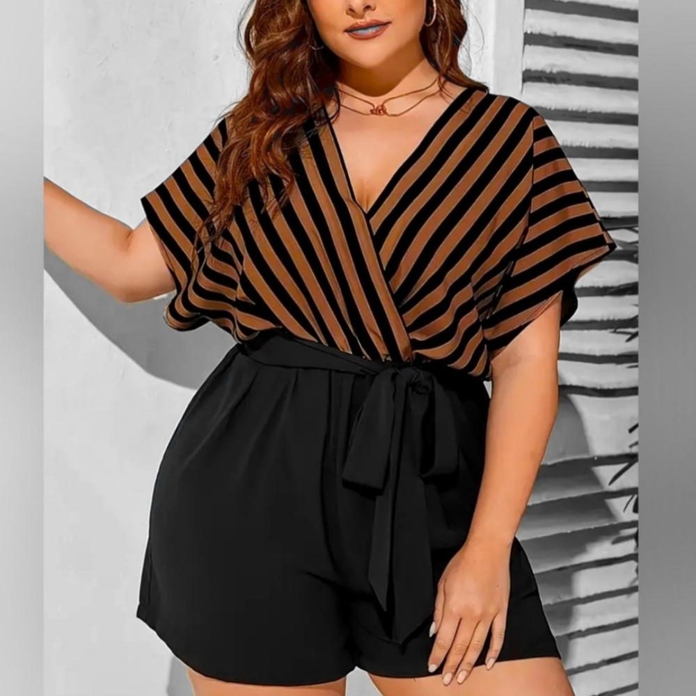 NWOT / Striped Black & Brown Romper Jumpsuit / Plus Size 0X